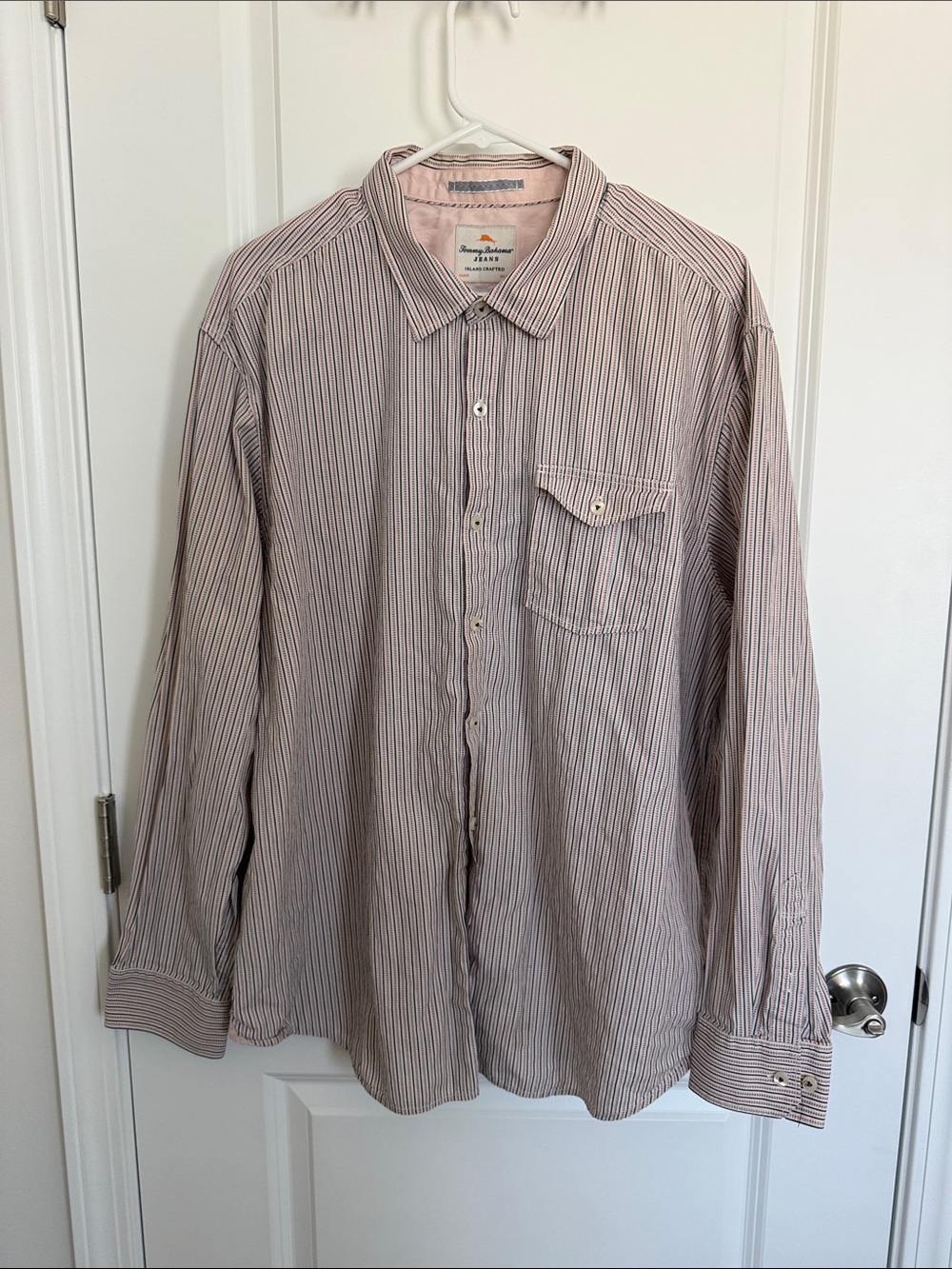 Tommy Bahama Men's Pink and White Striped Button-Up Shirt